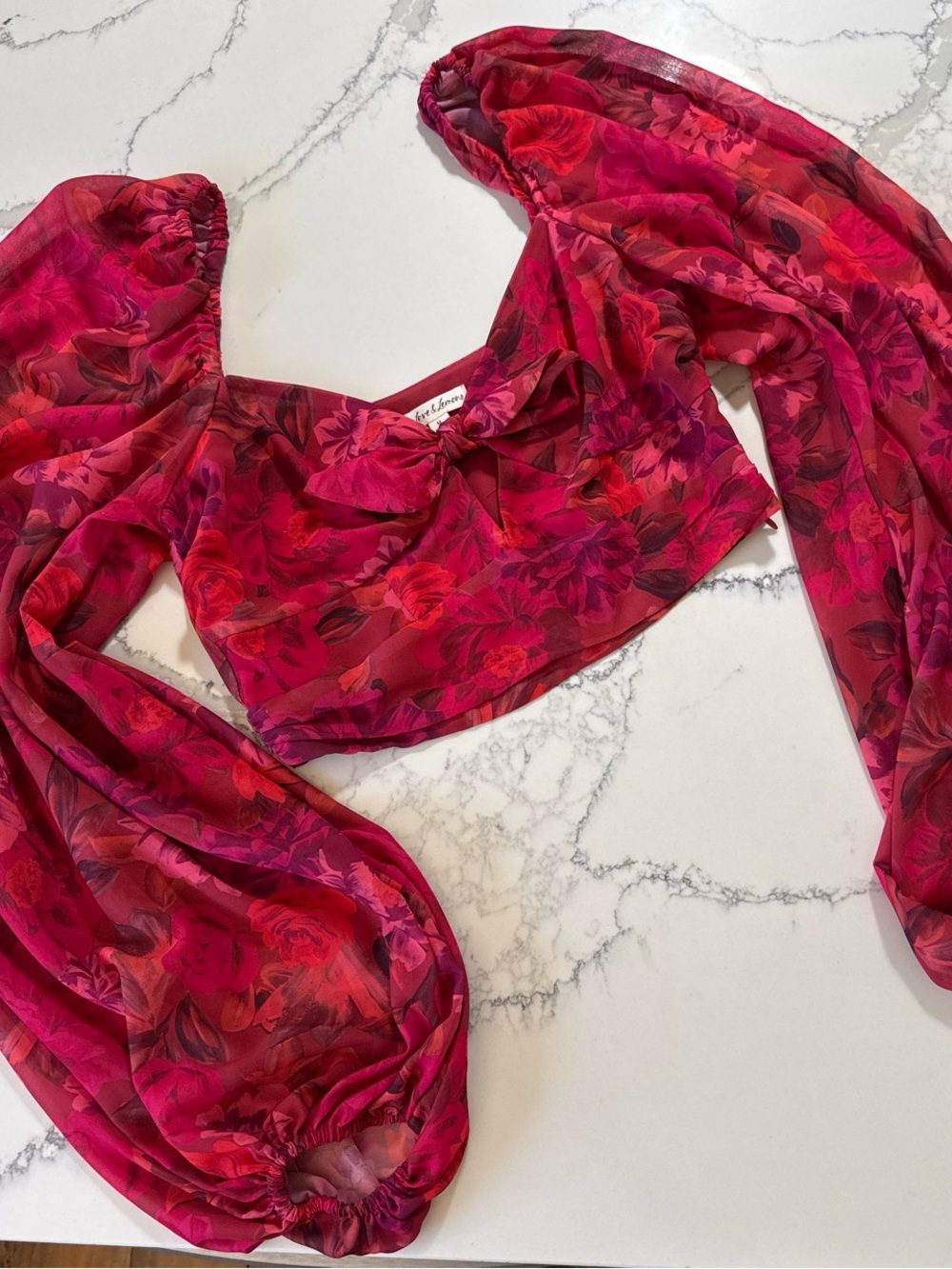 For love and Lemons red floral long sleeve crop top  M